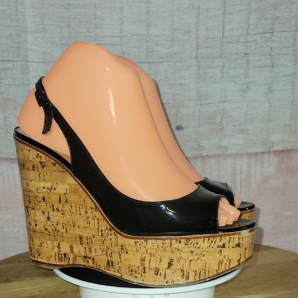 Cavallini Black Patent Leather Cork Wedges